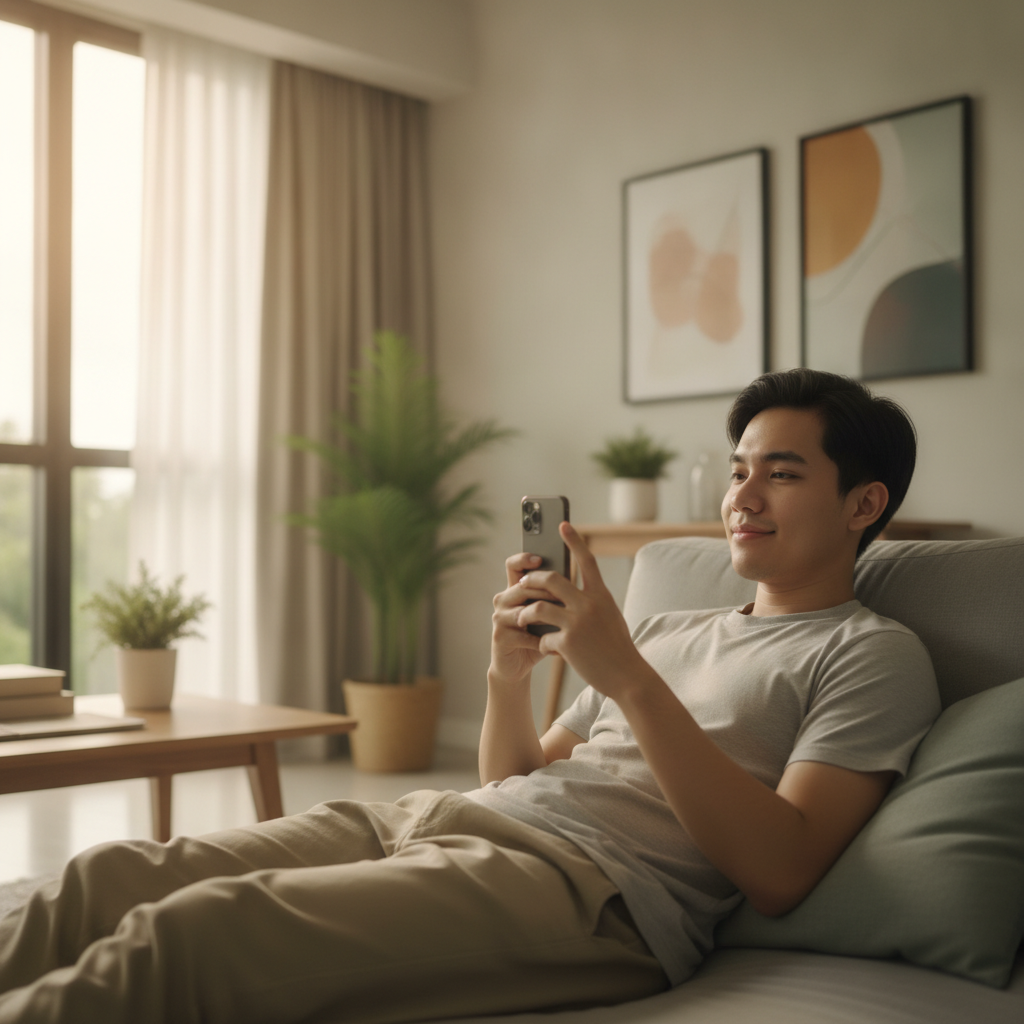 Filipino player using smartphone to explore online casino registration at home